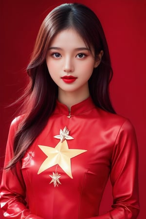 1girl,best quality,masterpiece,illustration,an extremely, red  AO DAI clothes, one Golden five-pointed star pattern on chest, Red background with a shining golden star, delicate and beautiful,CG,unity,8k wallpaper,Amazing,finely detail,masterpiece,official art,extremely detailed CG unity 8k wallpaper,incredibly absurdres,huge filesize,ultra-detailed,highres,extremely detailed,beautiful detailed girl,realistic, long sleeve