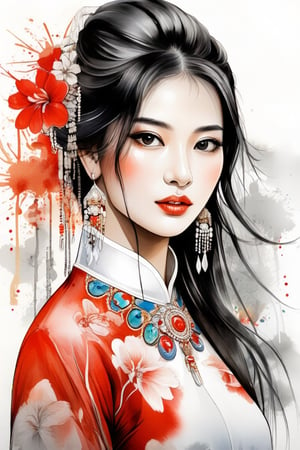 A very beautiful girl, looking at viewer, wearing Vietnamese traditional AO DAI, detailed face, beautiful eyes, jewelry, white background, ink brushstrokes in background mastepiece quality, stunning image, looking at viewer, anime girl, colorful, Ink art style.
