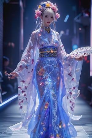 Masterpiece, Professional, Top Quality, High Resolution, Highly Detailed, Perfectly Detailed,A futuristic fashion runway concept with a beautiful Caucasian woman in the center. She is wearing a traditional Japanese kimono witha futuristic twist. The kimono is made of translucent, glowing fabric and features wide, flowing sleeves, an elegantly tied obi sash, and a floor-length skirt. The garment is intricately embedded with LED patterns that showcase traditional Japanese motifs such as cherry blossoms, waves, cranes, and bamboo. The dress also has an ethereal, complex asymmetric blue pattern that glows and projects across the entire outfit. She has platinum blonde hair styled with straight bangs and an intricate braided hairstyle featuring a diamond pattern and multiple small braids. She is adorned with a large, gorgeous choker, and a floral headdress featuring an abundance of flowers in various colors. In her hand, she holds a traditional Japanese fan,kimonoFT,noc-futuristic,Mecha,Japan Costume