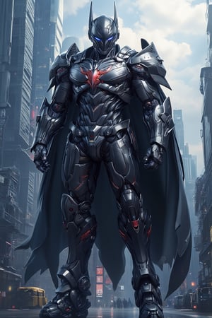 Masterpiece, professional, Top Quality, High Definition, high detail, perfect detail, perfect hands and feet (perfect anatomy). 1boy, mecha, ((realistic image: 2)), mecha armor, helmet, realistic, epic textures, realistic textures, ((full body)), cape, city in background, stunning image, badass, pretty detailed image, masterpiece, looking at viewer, epic character, professional style.