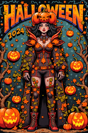 Stunning graffiti illustration by ZloyOrk. Haunted Pumpkin: A woman dressed as a pumpkin queen stands confidently, adorned with glowing orange accents and graffiti patterns of vines and leaves. The background is a Halloween-themed mural filled with spooky jack-o'-lanterns and swirling autumn leaves. On background big multicolored letters "HALLOWEEN 2024"