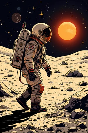 A close-up shot of a youthful astronaut's gloved hand grasping the moon's dusty surface as he takes his first steps on the lunar terrain. The astronaut's suit, reminiscent of Keith Negley's retro illustrations, features bold flat lines and shadows accentuating his helmet and gloves. Against the warm glow of an otherworldly sunset, the moon's craters and terrain stretch out in a line-art style, evoking nostalgia and simplicity.