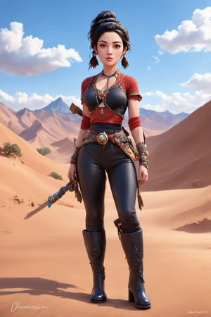 woman. beautiful detailed face, black hair, pale skin, light skin, realistic skin, detailed desert and sand mountain texture, detailed hair texture, perfect proportions, accurate, anatomically correct, highly detailed skin and face texture, modern, realistic, perfect face, hyper-realistic, hyper-realistic, high quality. warrior, ancient mongolian, messy hairstyle. full body. black pants, black boots, digital art