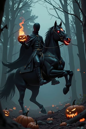 core_9, score_8_up, Masterpiece, digital illustration, best studio quality, 32k UHD, octane render, highly detailed portrait of a dark horseback rider with no head ((invisible head, long black leather riding cloak, old-fashioned suit) rearing back up on a nightmarish black stallion with red eyes and smoke coming from its nostrils. In the Horseman's hand is a flaming jack-o-lantern, ((invisible head, unseen head, no head)), background of an eerie forest at night