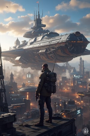 Masterpiece, Professional, Top Quality, High Resolution, Highly Detailed, Perfectly Detailed, punkstyle01, There is a man wearing a jacket and sunglasses standing on the spacecraft, The background is a huge spaceship , In the distance is a city with a lot of steam and pipelines