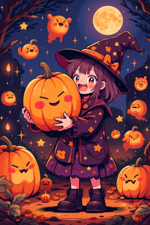 Pumpkin,Pumpkin,Pumpkin!! Adorable anime-style Halloween scene featuring a cute girl hugging a friendly, glowing pumpkin ghost with a warm smile. Small pumpkin ghosts hover around her, playfully floating in the air, their expressions full of joy and mischief. The girl is dressed in a cute, witch-inspired outfit, and the whole scene radiates a fun, cozy Halloween vibe. The colors are vivid and lively, filled with autumn tones like oranges, purples, and soft, glowing yellows. A glowing full moon and swirling stars create a magical background.