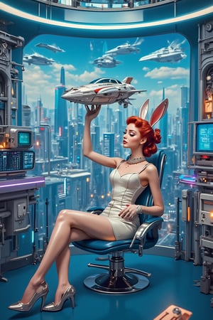 Masterpiece, Professional, Top Quality, High Resolution, Highly Detailed, Perfectly Detailed,A sultry bunnygirl, styled in 1950s flair, reclines on a sleek metallic chair amidst retro-futuristic gadgetry and neon lights. Framed against a bright blue backdrop, her crimson hair bouffanted, long eyelashes batting at a miniature spaceship hovering above her head. Metallic accents adorn her ears and collar as she poses, surrounded by sci-fi trappings. A futuristic cityscape unfolds behind her, with towering skyscrapers and flying cars zipping by, blending vintage charm with intergalactic excitement.