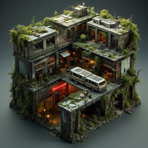 Isometric diorama of post-apocalyptic city, The Last of Us style. Multi-layered 3D cube structure, 30cm wide. Underground sewers with red danger glow. Middle layer: abandoned streets, overturned cars and buses as barricades. Upper level: survivor camp with tents, makeshift gardens. Lush overgrowth, vines covering buildings. Miniature figures of cautious survivors. Detailed graffiti and broken signs. LED lighting effects for underground and night ambiance. Rust and decay textures. Overall green-tinted color scheme. Hyper-detailed, 8K resolution, tilt-shift effect. Photorealistic miniature art style.,noc-isometric