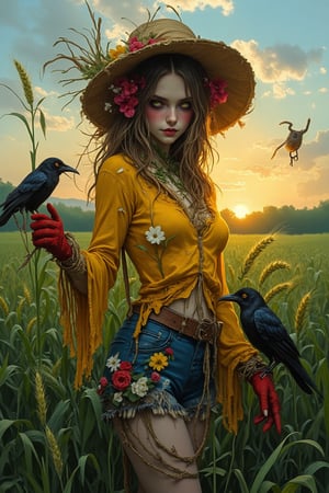 Supernatural Portrait, Masterpiece, Fantasy, Oil Painting, Painting), Highly detailed and exquisite details: 1.4, Upper body mid-shot, in the center of the frame is a girl dressed as a scarecrow, surrounded by a large green barley field. Made of dry branches, flowers and rags, the scarecrow has a blank expression and a determined smoky makeup, and wears an old, worn-out wide-brimmed straw hat pulled down just below her eyebrows. She wears a vividly colored pearl yellow top and deep blue shorts, and has red velvet gloves, her arms are outstretched to the side, and two crows are depicted in great detail on her arms. There is a sunset and natural light in the background. The subject's features are highly detailed and anatomically correct, and the vividly colored subject is set against a random natural background. Every texture, every realistic skin, every wrinkle, every hair is rendered in 8k resolution with realistic painting quality, inviting the viewer into this dreamlike world