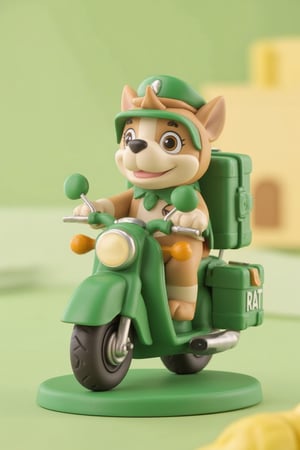 3d rendering,pvc figure, basic base,a cheerful, animated dog character riding a green motorcycle The dog is adorned with a green cap and is carrying a large green suitcase on its back The motorcycle is equipped with various accessories, including a side mirror, a horn, and a license plate reading 'RAT' The overall style is vibrant and playful, with a focus on detailing and color contrast