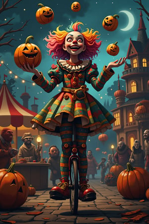 Creepy Clown: A beautiful female clown with an exaggeratedly painted face, bright rainbow-colored hair, and a whimsical costume. She juggles oddly shaped pumpkins while standing on a unicycle. The background shows a carnival scene at night, with a funhouse in the distance and eerie laughter echoing.