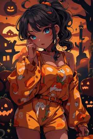 score_9, score_8_up, score_7_up, source_anime, (perfect anatomy:1.4), beautiful skin, ,//characters, 1girl, dark skinned female, solo, black hair, long hair, wavy hair, ponytail, blue eyes, pumpkin tops, pumpkin Shorts, ,//situations, HALLOWEEN2024 ,//Pose cute pose, dutch angle, ,/LoRA, beautiful_female_fingers, (4_fingers and 1thumb on hand), (perfect hand), (beautiful hands), perfect anatomy,