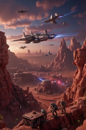 Masterpiece, professional, Top quality, High resolution, high detail, perfect detail, perfect hands and feet,(perfect anatomy).A futuristic Pixar cartoon depicting a thrilling space battle on an alien planet's surface. The camera frames a sweeping shot of the barren, rust-red terrain, with twisted rock formations and eerie, glowing vegetation. A fleet of sleek, high-tech spaceships clash in mid-air, their laser blasts illuminating the darkening sky. Alien creatures, humanoid in shape but with elongated limbs and scaly skin, crouch behind makeshift barriers, watching the intergalactic conflict unfold.cartoon art