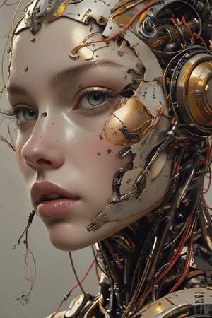 Please create a masterpiece, stunning beauty, perfect face, epic love, Slave to the machine, full-body, hyper-realistic oil painting, vibrant colors, Body horror, wires, biopunk, cyborg by Peter Gric, Hans Ruedi Giger, Marco Mazzoni, dystopic, golden light, perfect composition, col