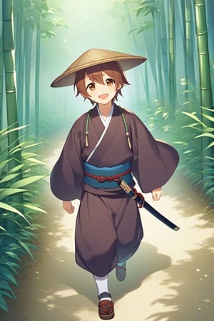 1boy, shota, samurai, sword inside sheath, bamboo hat, brown hair, brown eyes, walking in a regular forest, happy