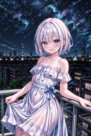 young woman, alone, city, night, starry sky, outdoors, short white hair, blue eyes, (pure white dress: 1.5), looking at the buildings,amazed smile,yofukashi background