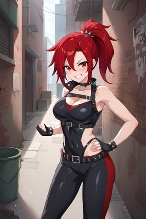 1girl, red ponytail, red eyes, punk outfit, clenched fist, smile, alley