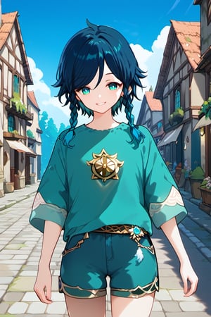 1boy,alone,venti,gradient hair,dark blue hair,green hair,twin braids,green eyes,casual green t-shirt, blue shorts, medieval street, smile,beautiful_female_fingers,perfect hands,detailed hands,beautiful hands