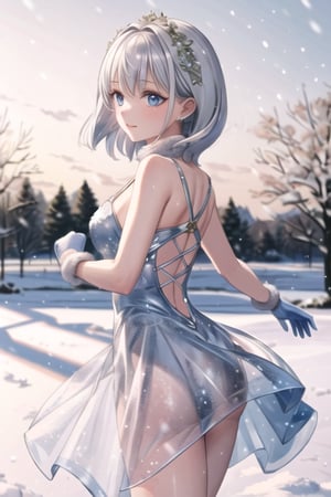 masterpiece,best quality,1girl, silver hair, ice dress, dancing in a snowy field, blue eyes