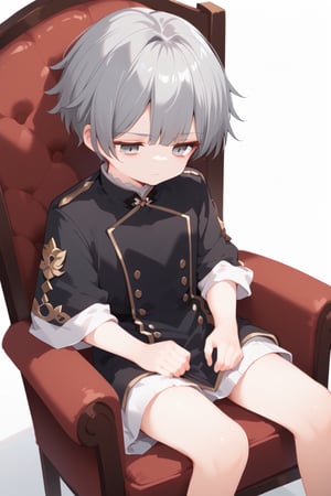 young boy, gray hair, gray eyes, rich outfit, sitting on papasan chair, looking tired,score_9, score_8_up, score_7_up