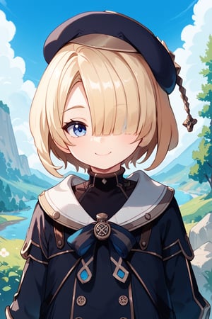 score_9, score_8_up, score_7_up, freminet,short hair,hair over one eye,blue eyes,blonde hair,bangs,hat,beret,smiling, blue sky, outdoors, hidden ears