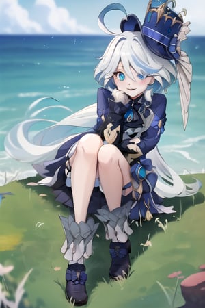 sitting on grass, smile, blushing, looking at the camera, wearing her hat, leaning toward you, heterochromia,full body, sitting on knees, sea in horizon, white gloves,Furina, ahoge,furina, ground is grass