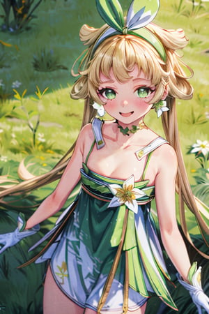 masterpiece,best quality,incredibly absurdres,high detail eyes,1girl,young,verinadef, blonde hair, hair ornament, sleeveless dress, green dress, green hairband,gloves, dress, bare shoulders, sleeveless, white gloves,grassland,flowery plain, smiling, mouth open, upper shot