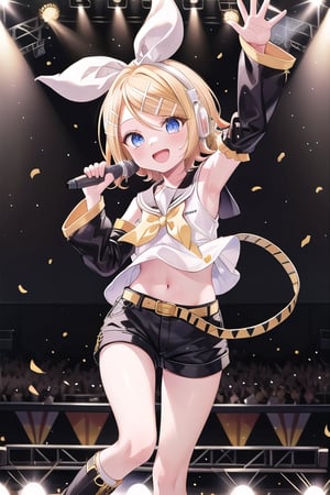 1girl, leg warmers, shorts, white headphones, sailor collar, yellow belt, blue eyes, detached sleeves, white shirt, bow, short hair,black boots,Kagamine Rin, singing, happy face, standing on a concert stage, crowd is watching in front