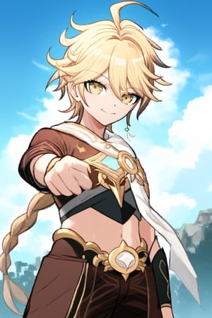 1boy, alone, smiling,aether, blond, ponytail,yellow eyes, blonde hair, long hair, ahoge, hair between eyes,braid, single braid, blue earring on right ear, midriff exposed, usual outfit, brown pants, komatsuzaki rui style, danganronpa style, blue sky, pointing at you, body facing you