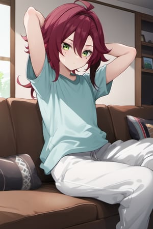 shikanoin heizou,red hair,multicolored hair,streaked hair,low ponytail,ponytail,ahoge,bangs,mole,mole under eye,green eyes,long hair,hair between eyes,white T-shirt,sweatpants,japanese living room, sitting on couch, hands behind head