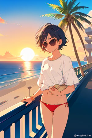sand, sea, side road, sunset time, palm tree, tired shirt, underwear Swimsuit, short hair, wavy hair, love shape sunglasses, stand in balcony