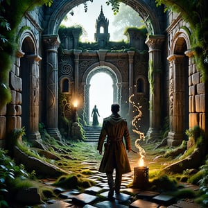 Create an eerie, atmospheric scene within a dense, ancient labyrinth. The stone walls tower overhead, casting long shadows in the dim, flickering torchlight. In the center, a solitary figure stands, lost and searching, their face illuminated by the glow of a single torch. The composition focuses on the intricate stonework and the maze-like path, with the figure's determined pose adding a sense of mystery and tension. The location is a forgotten, overgrown ruin, hinting at a history of secrets and hidden paths.