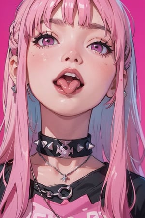anime girl with long pastel pink hair, sticking out her tongue, expressive pink eyes, wearing a black choker with silver spikes and a snake pendant, edgy and playful vibe, bright pink background,GlowingRunes_