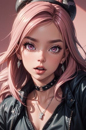 detailed face and skin texture, intricate eyes, double eyelids, best quality, 8k, hyper realistic, photorealistic, masterpiece, highly detailed, dramatic lighting, cinematic, atmospheric, moody, anime girl with long pastel pink hair, sticking out her tongue, expressive pink eyes, wearing a black choker with silver spikes and a snake pendant, edgy and playful vibe, bright pink background 
