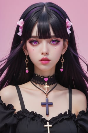 Digital illustration in an anime style featuring a young woman with a gothic aesthetic. She has long, straight black hair with blunt bangs, adorned with pink hair clips and multiple ear piercings, including a cross earring. Her skin is pale, and she has striking pink eyes with heavy eyeliner and long lashes. Her cheeks are flushed, and she has a small fang visible from her slightly open mouth. She is wearing a black choker with a heart pendant and a black outfit with ruffled details. The background is a solid light purple color, which contrasts with her dark attire and hair.