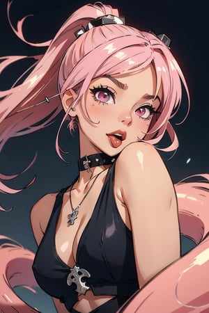 anime girl with long pastel pink hair, sticking out her tongue, expressive pink eyes, wearing a black choker with silver spikes and a snake pendant, edgy and playful vibe, bright pink background,GlowingRunes_