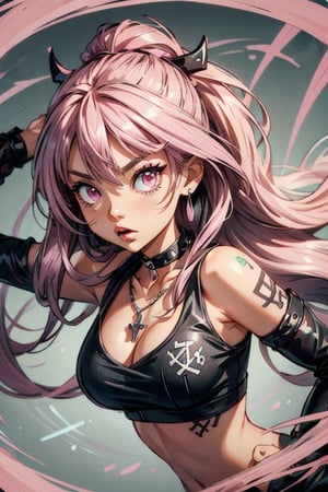 anime girl with long pastel pink hair, expressive pink eyes, wearing a black choker with silver spikes and a snake pendant, edgy and playful vibe, bright pink background,GlowingRunes_