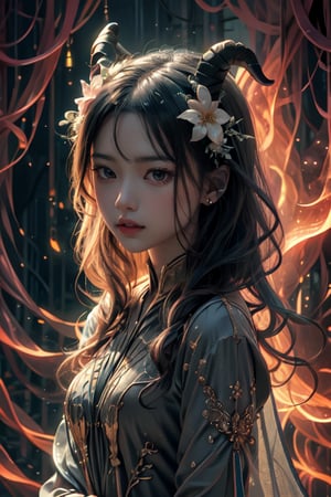 1girl,solo,flower,looking at viewer,black hair,horns,hair ornament,japanese style,hair flower,long hair,portrait,eyelashes,lips,makeup,closed mouth,facial mark,mascara,grey eyes,grey background,plant,vines,more_details:-1, more_details:0, more_details:0.5, more_details:1, more_details:1.5,Gothgal, ballgown,zydink, monochrome, ink 