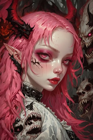  inspired horror illustration, albino demon princess, the woman's pale face contrasting sharply with her long pink hair, that hangs over her shoulders. Her eyes wide with a mixture of fear and determination, she has a bewitching presence as she moves through the surreal landscape with an eerie calm. 1 girl, pretty girl, pink hair, long hair, full lips, pink eyes, bright shiny eyes, edgy style
,bj_Devil_angel,Anime style,sinozick style