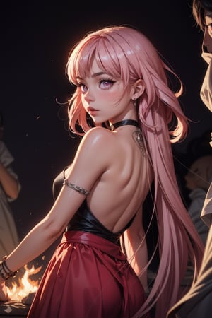 detailed face and skin texture, intricate eyes, double eyelids, best quality, 8k, hyper realistic, photorealistic, masterpiece, highly detailed, dramatic lighting, cinematic, atmospheric, moody, pink hair, long hair, pink eyes, A mesmerizing anime girl poses against a radiant pink backdrop, her long, pastel pink locks cascading down her back like a fiery waterfall. Her expressive pink eyes sparkle with mischief, as she gazes out from beneath a fringe of silver spikes on her black choker. The snake pendant glimmers in the soft glow, adding to her edgy, playful charm. Glowing runes dance across the background, infusing the scene with an otherworldly essence.