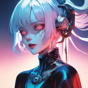 highly detailed, surreal portrait, girl with long white hair, biomechanical jaw, sharp metallic teeth, dripping liquid, glowing ethereal eyes, subtle mechanical design, cyberpunk, horror elements, glossy, light gradient background, striking, eerie
