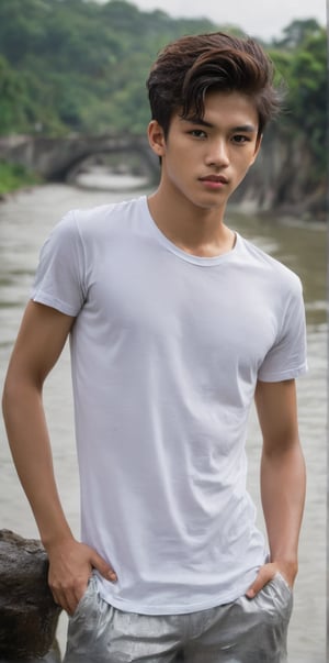 indonesian teenager boy,16 years old, messy hair, wearing wet light gray boxer, white t-shirt, standing on the riverbank, body and hair were soaking wet, firm jawline dark eyes,Pointed Nose, french crop hair syle, left hand the back of the head,facing the photographer, right hand on the waist, laughed broadly, hairy armpits. Full body shot. red and full lips. skinny. (photorealistic), masterpiece: 1.5, beautiful lighting, best quality, beautiful lighting, realistic and natural image, intricate details, all in sharp focus, perfect focus, photography, masterpiece, meticulous nuances, supreme resolution, 32K, ultra-sharp, Superior Quality, realistic and complex details, natural light