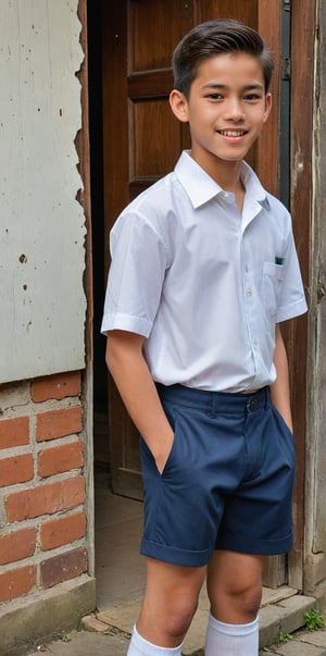 indonesian boy, 15 years olds. teenager,skinny,wearing school uniform.a White short-sleeved collared shirt with buttons at the front, wearing short dark blue knee-length trousers, wear black sneakers and white socks above the ankle,school backpack, crotch_bulge, big_bulge, public_hair. standing in an old Javanese house made of planks, smiled shyly,thick hairy armpits,hairy navel,buzz cut style hair