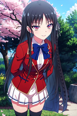 masterpiece, best quality, highres, aasuzune, long hair, black hair, (single braid:1.2), hair ribbon, red jacket, blazer, blue bowtie, long sleeves, white skirt, black thighhighs, smile, arms behind back, leaning forward, outdoors, standing, cherry blossoms,