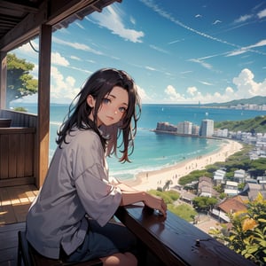 A hill with a view of the ocean in the distance, a girl with flowing hair smiling nostalgically warking ; the image is of Kamakura, Shonan, or Enoshima.