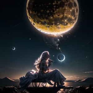 moon queen singing to a crescent moon, sitting on a crescent moon, 8k resolution