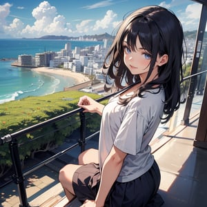 A hill with a view of the ocean in the distance, a girl with flowing hair smiling nostalgically; the image is of Kamakura, Shonan, or Enoshima.