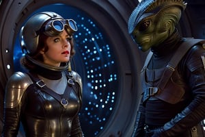 In a dimly lit, foggy retro-futuristic spaceship, Fritz Lang's protagonist stands firm, clad in worn leather and goggles, ((a reptile humanoid alien)), amidst the eerie glow of moonlit metropolis views through portholes. Two women and one man donning steam-powered armor prepare for battle against an otherworldly foe. The striking female figure, dressed in a metallic spacesuit and 1910-era hairstyles, fixes her gaze on the encroaching threat. Amidst chaos, she remains steadfast. Fritz Lang's protagonist holds an FN SCAR-H rifle while one opponent brandishes a laser gun.