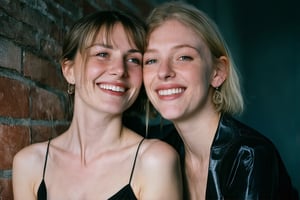 2_women , two blonde women,smiling,  30yo fiona bruce and holly vance ,cheek to cheek , skin imperfections,provocative latex dress, grey eyes., dungeon, natural lighting, 90s vibe,  brick walls,  bokeh, (in the style of richard avedon), (kodakchrome, analogue, film grain:1.2), light leak, shallow depth of field, RAW