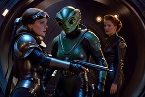 In a dimly lit, foggy retro-futuristic spaceship, Fritz Lang's protagonist stands firm, clad in worn leather and goggles, ((a reptile humanoid alien)), amidst the eerie glow of moonlit metropolis views through portholes. Two women and one man donning steam-powered armor prepare for battle against an otherworldly foe. The striking female figure, dressed in a metallic spacesuit and 1910-era hairstyles, fixes her gaze on the encroaching threat. Amidst chaos, she remains steadfast. Fritz Lang's protagonist holds an FN SCAR-H rifle while one opponent brandishes a laser gun.